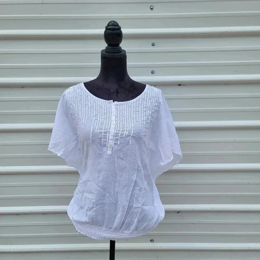 JM Collection Women's Sequin Lightweight Blouse Top White Kimono Ruffle Sz 12